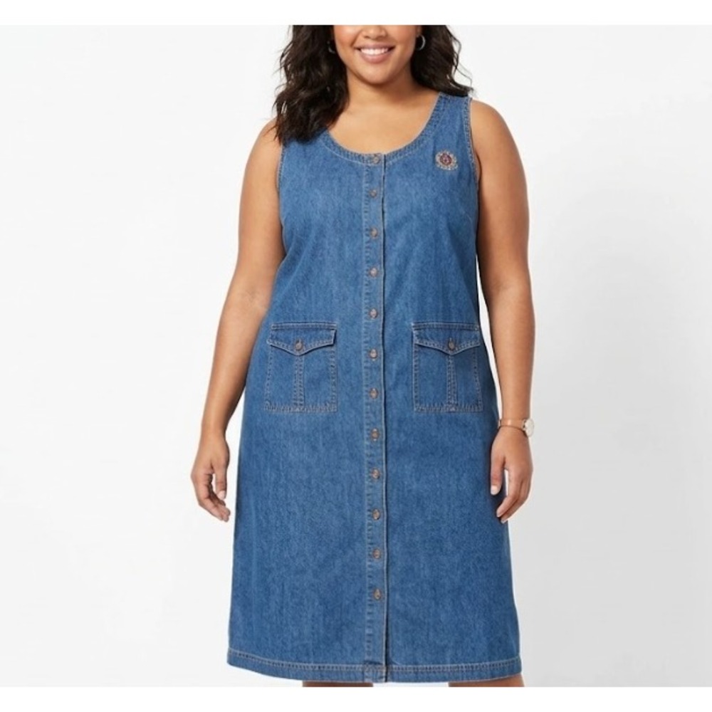 Vintage‎ Erika & Co. Denim Dress size 1X Blue Sleeveless Front Pocket Button